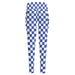 Blue And White Checkered Pattern Print High-Waisted Pocket Leggings
