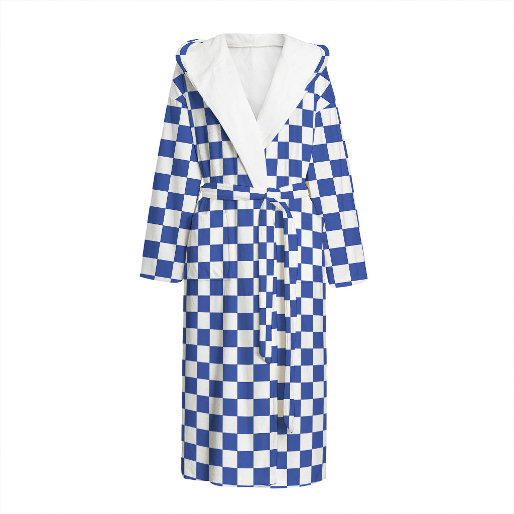 Blue And White Checkered Pattern Print Hooded Bathrobe
