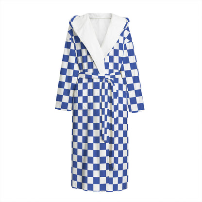 Blue And White Checkered Pattern Print Hooded Bathrobe