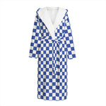 Blue And White Checkered Pattern Print Hooded Bathrobe