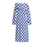 Blue And White Checkered Pattern Print Hooded Bathrobe