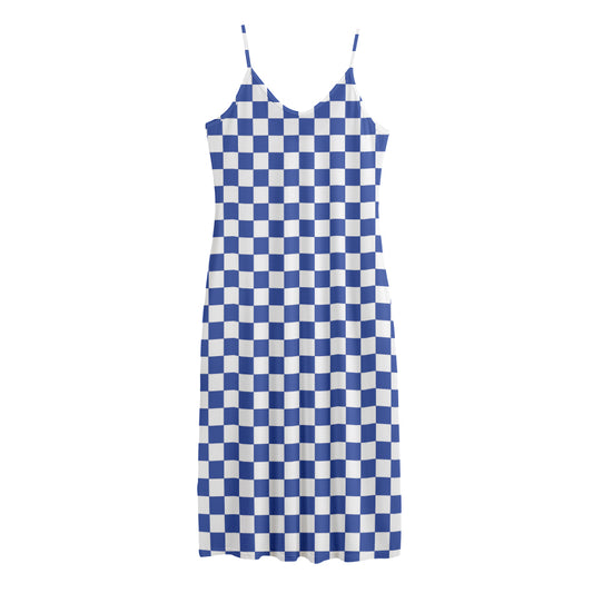 Blue And White Checkered Pattern Print Jersey Midi Cami Dress