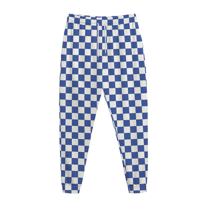 Blue And White Checkered Pattern Print Jogger Pants
