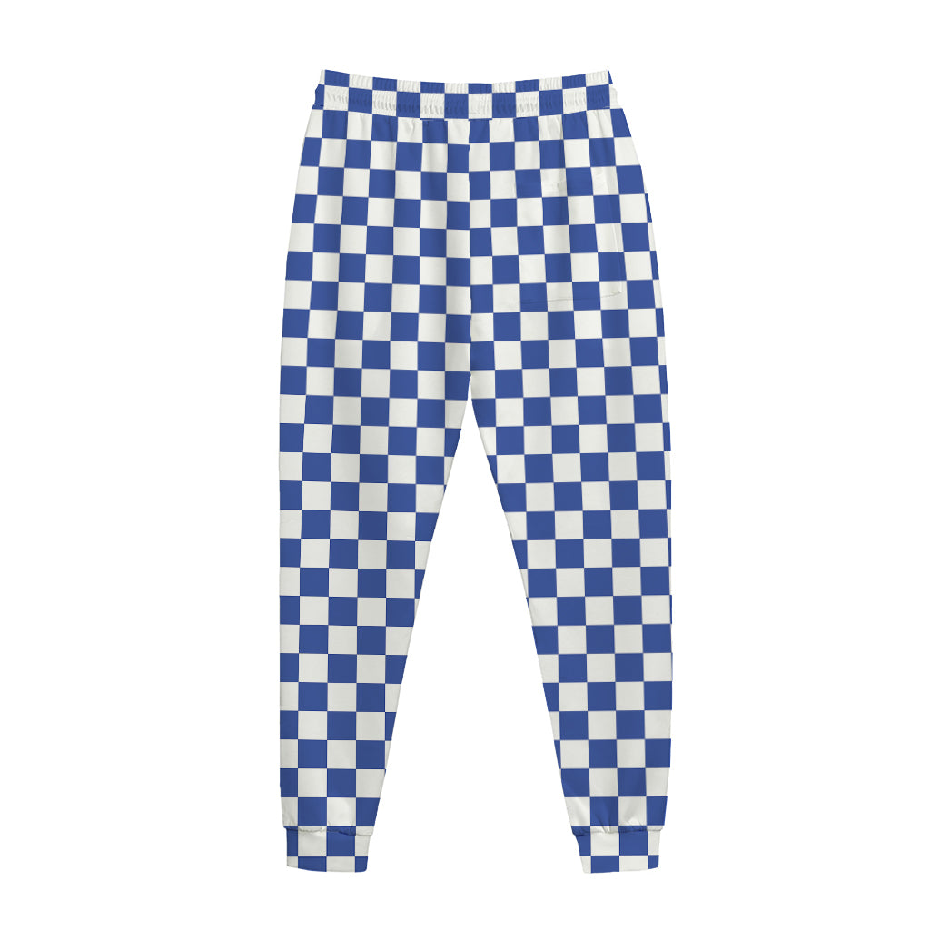 Blue And White Checkered Pattern Print Jogger Pants