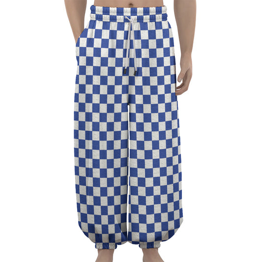 Blue And White Checkered Pattern Print Lantern Pants