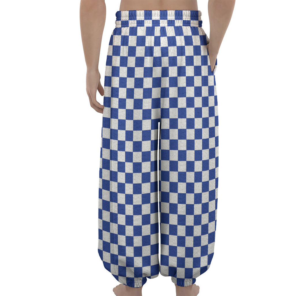 Blue And White Checkered Pattern Print Lantern Pants