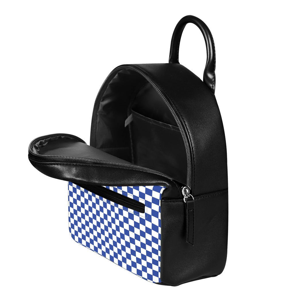 Blue And White Checkered Pattern Print Leather Backpack