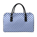 Blue And White Checkered Pattern Print Leather Duffel Bag