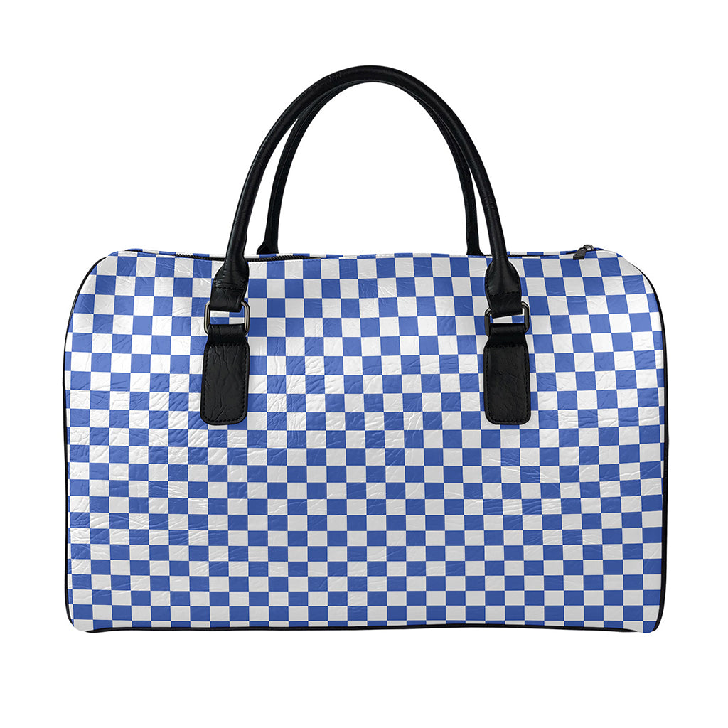 Blue And White Checkered Pattern Print Leather Duffle Bag