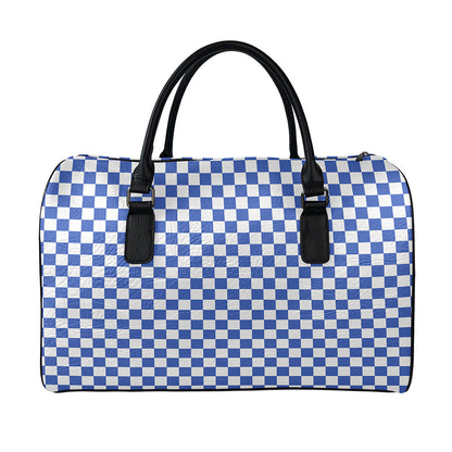 Blue And White Checkered Pattern Print Leather Duffle Bag