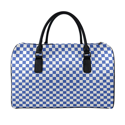 Blue And White Checkered Pattern Print Leather Duffle Bag