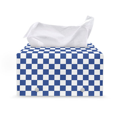 Blue And White Checkered Pattern Print Leather Tissue Box Cover