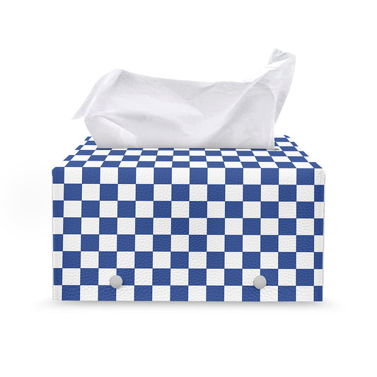 Blue And White Checkered Pattern Print Leather Tissue Box Cover