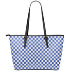 Blue And White Checkered Pattern Print Leather Tote Bag
