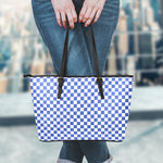 Blue And White Checkered Pattern Print Leather Tote Bag