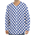 Blue And White Checkered Pattern Print Long Sleeve Baseball Jersey