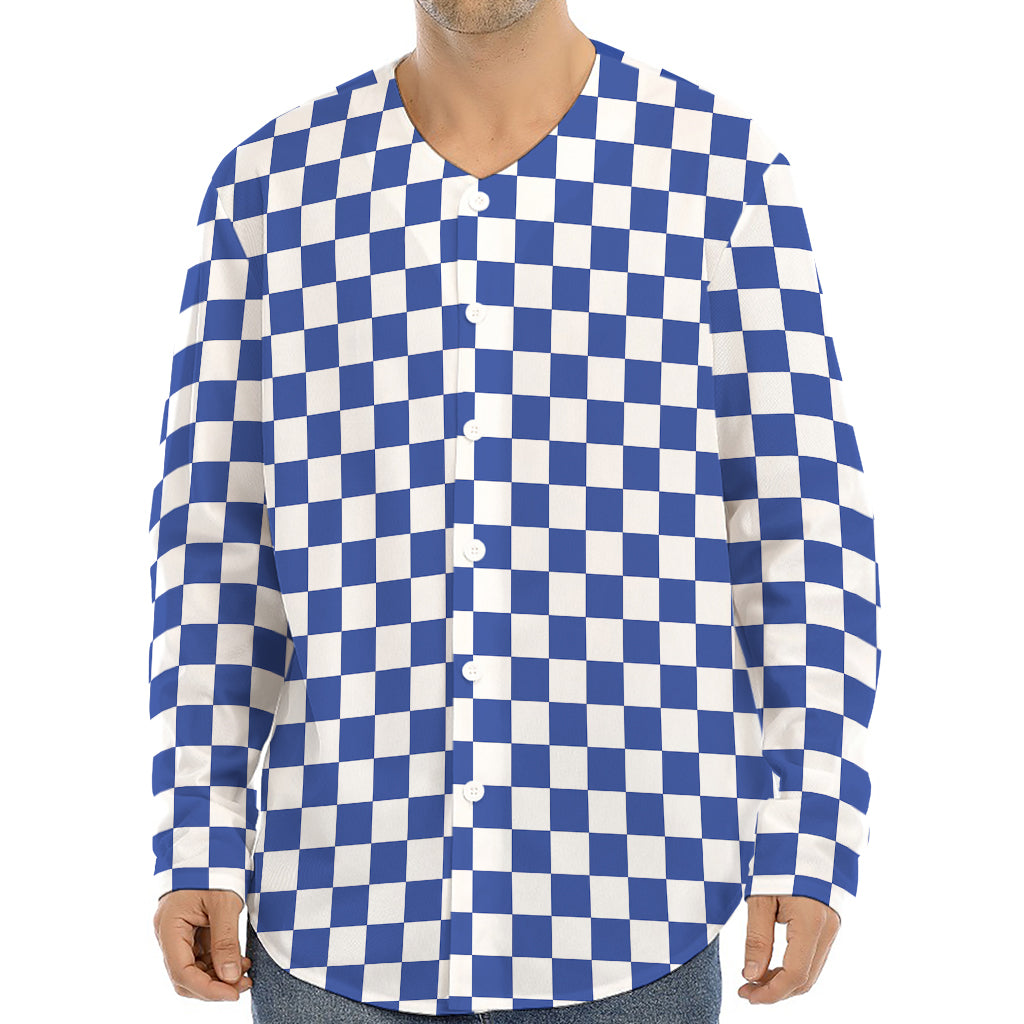 Blue And White Checkered Pattern Print Long Sleeve Baseball Jersey