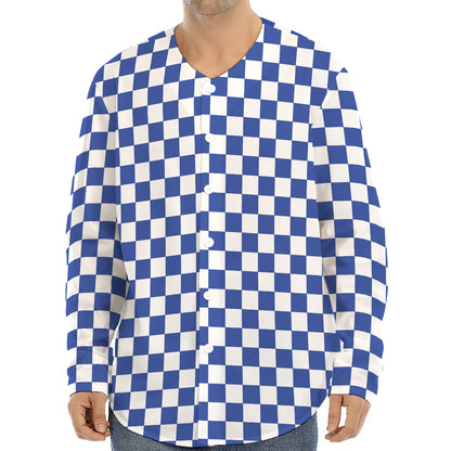 Blue And White Checkered Pattern Print Long Sleeve Baseball Jersey