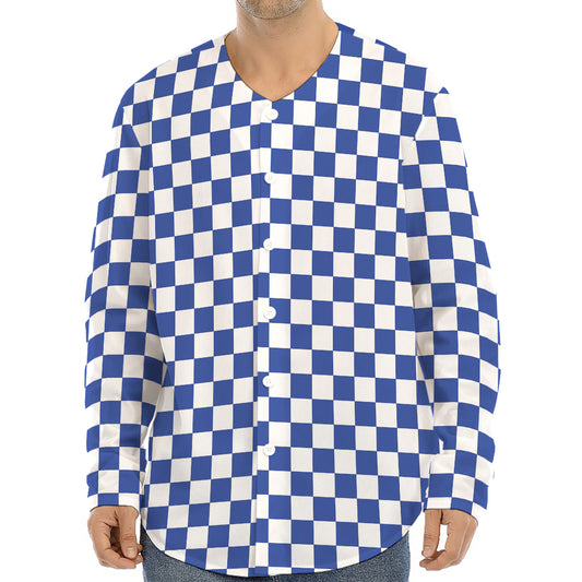 Blue And White Checkered Pattern Print Long Sleeve Baseball Jersey