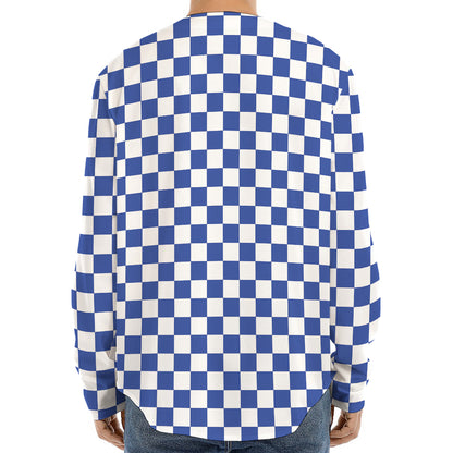 Blue And White Checkered Pattern Print Long Sleeve Baseball Jersey