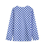 Blue And White Checkered Pattern Print Long Sleeve Short Coat