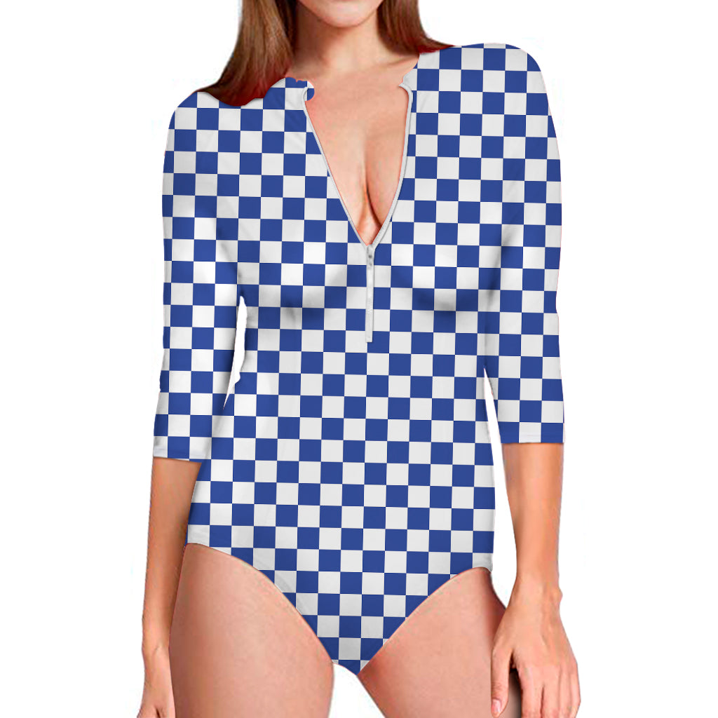 Blue And White Checkered Pattern Print Long Sleeve Swimsuit