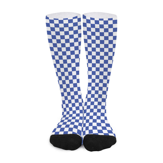 Blue And White Checkered Pattern Print Long Socks