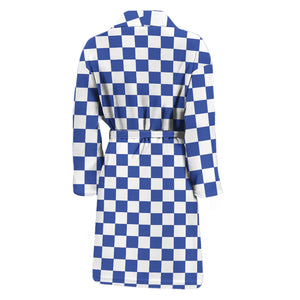 Blue And White Checkered Pattern Print Men's Bathrobe