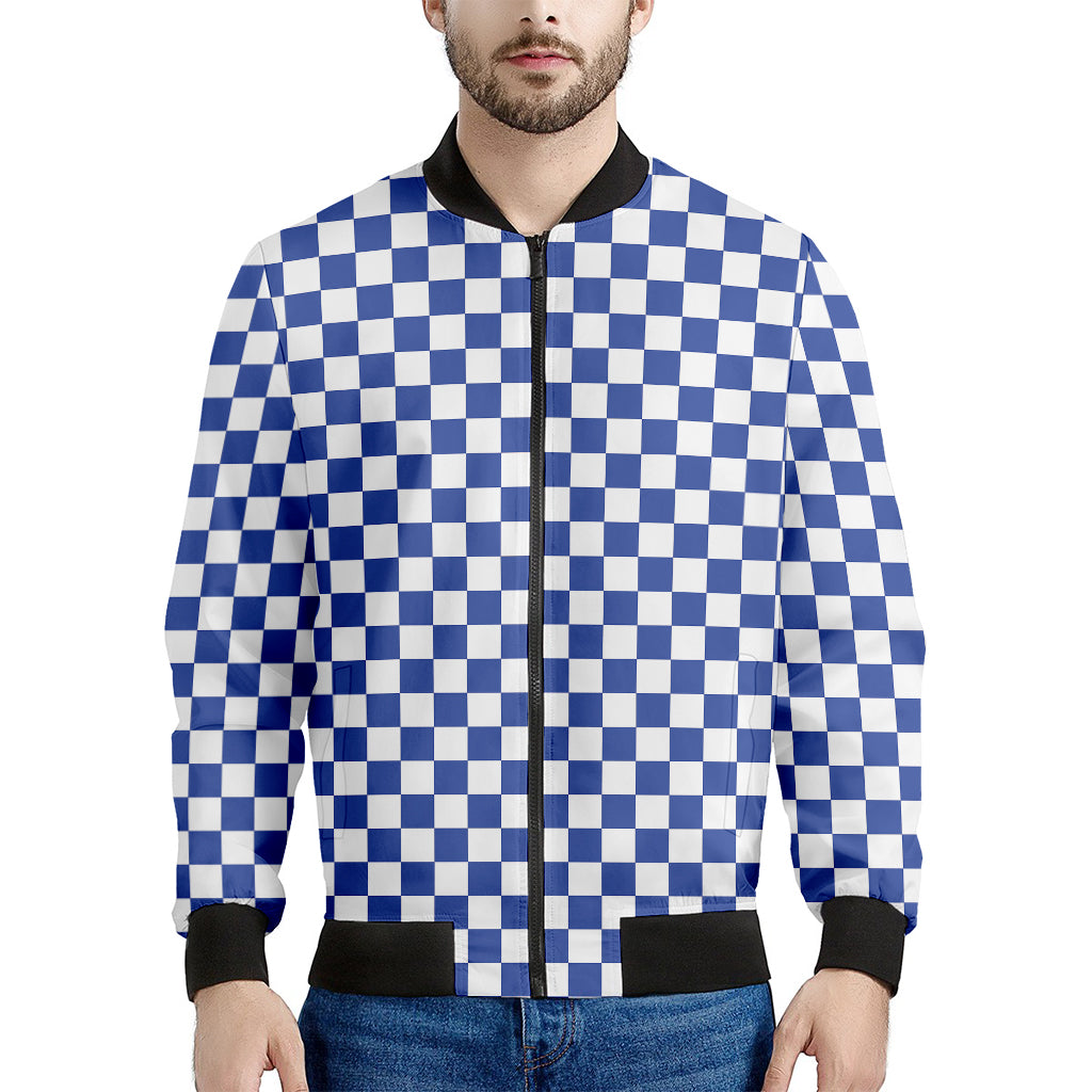 Blue And White Checkered Pattern Print Men's Bomber Jacket