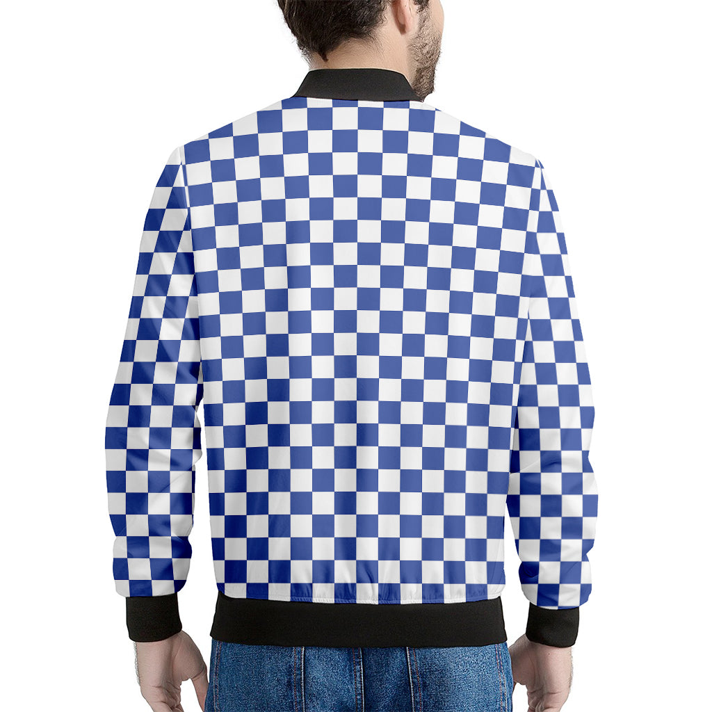 Blue And White Checkered Pattern Print Men's Bomber Jacket