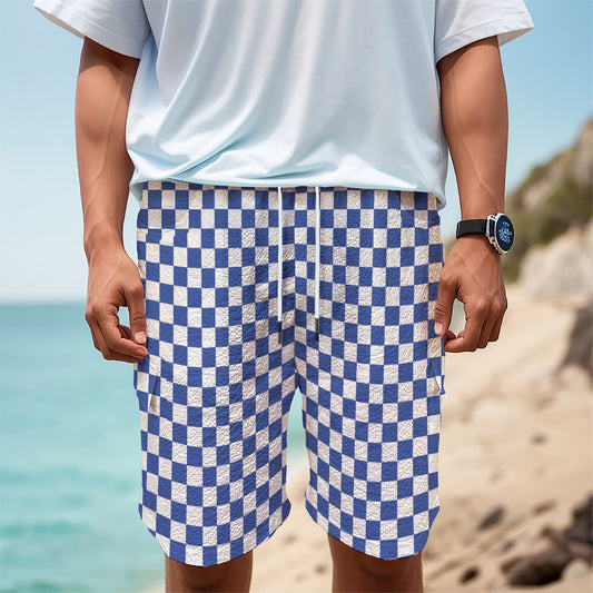 Blue And White Checkered Pattern Print Men's Cargo Shorts