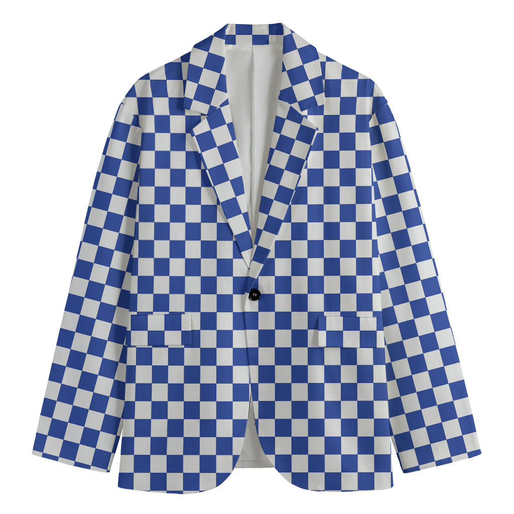 Blue And White Checkered Pattern Print Men's Cotton Blazer