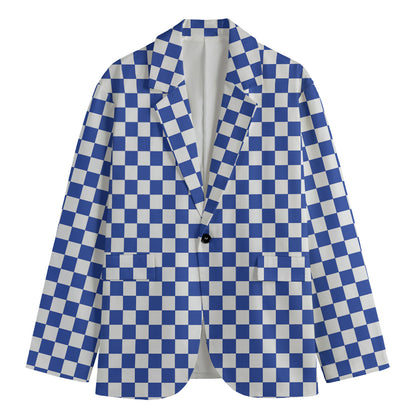 Blue And White Checkered Pattern Print Men's Cotton Blazer