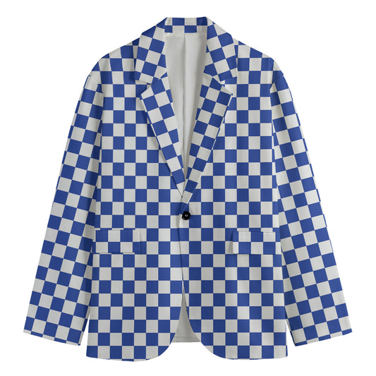 Blue And White Checkered Pattern Print Men's Cotton Blazer