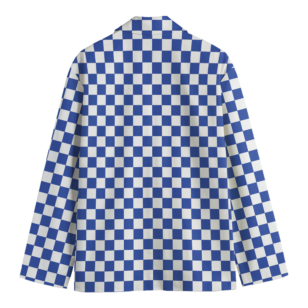 Blue And White Checkered Pattern Print Men's Cotton Blazer