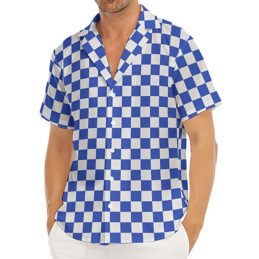 Blue And White Checkered Pattern Print Men's Deep V-Neck Shirt