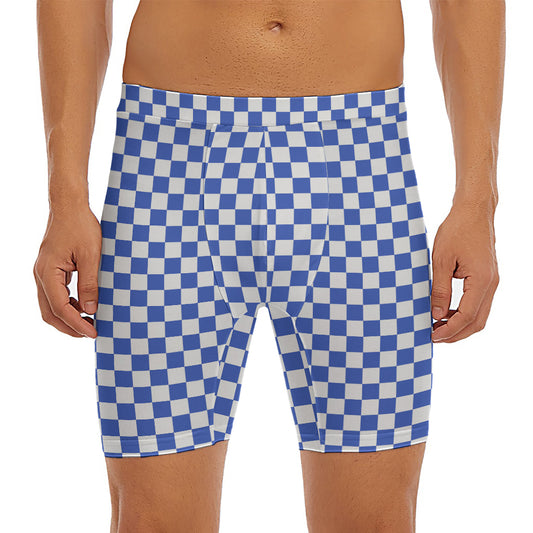Blue And White Checkered Pattern Print Men's Long Boxer Briefs