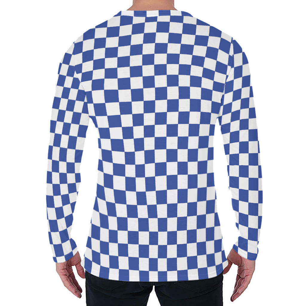 Blue And White Checkered Pattern Print Men's Long Sleeve T-Shirt