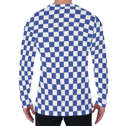 Blue And White Checkered Pattern Print Men's Long Sleeve T-Shirt