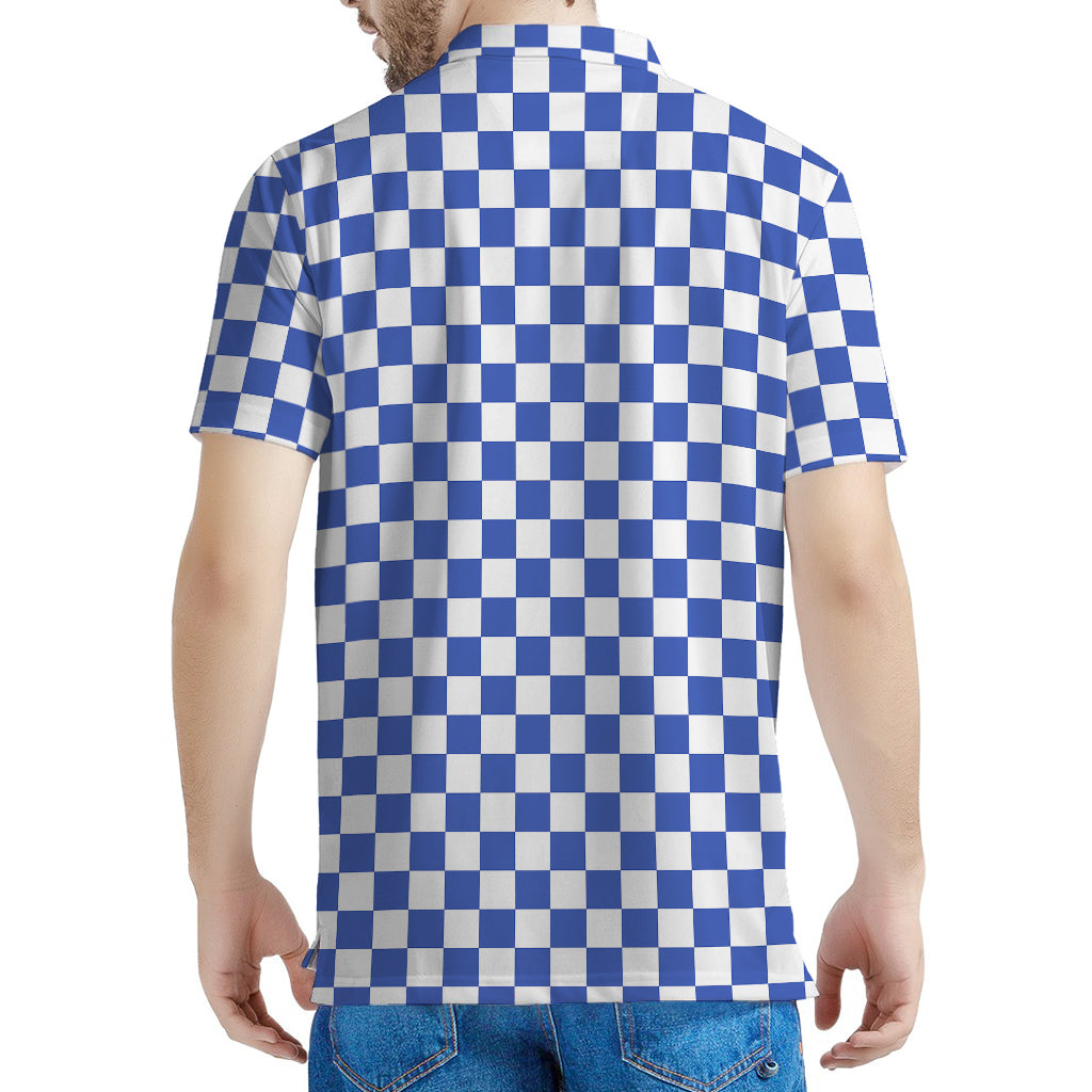 Blue And White Checkered Pattern Print Men's Polo Shirt