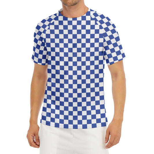 Blue And White Checkered Pattern Print Men's Short Sleeve Rash Guard