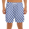Blue And White Checkered Pattern Print Men's Split Running Shorts