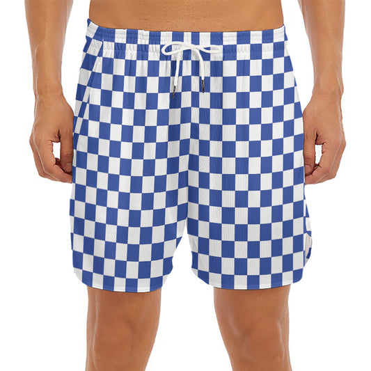 Blue And White Checkered Pattern Print Men's Split Running Shorts