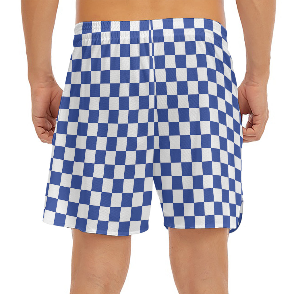 Blue And White Checkered Pattern Print Men's Split Running Shorts