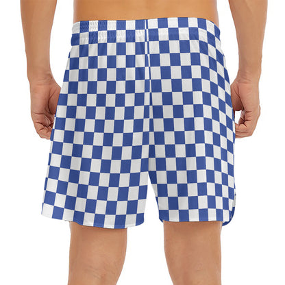 Blue And White Checkered Pattern Print Men's Split Running Shorts