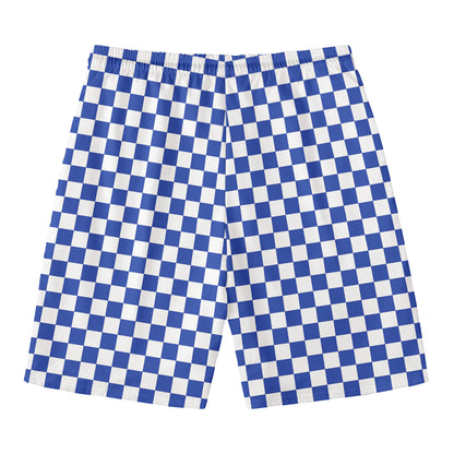 Blue And White Checkered Pattern Print Men's Swim Trunks