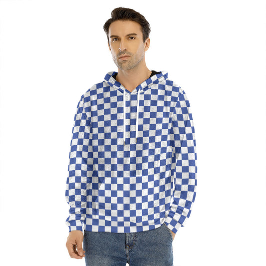 Blue And White Checkered Pattern Print Men's Velvet Pullover Hoodie