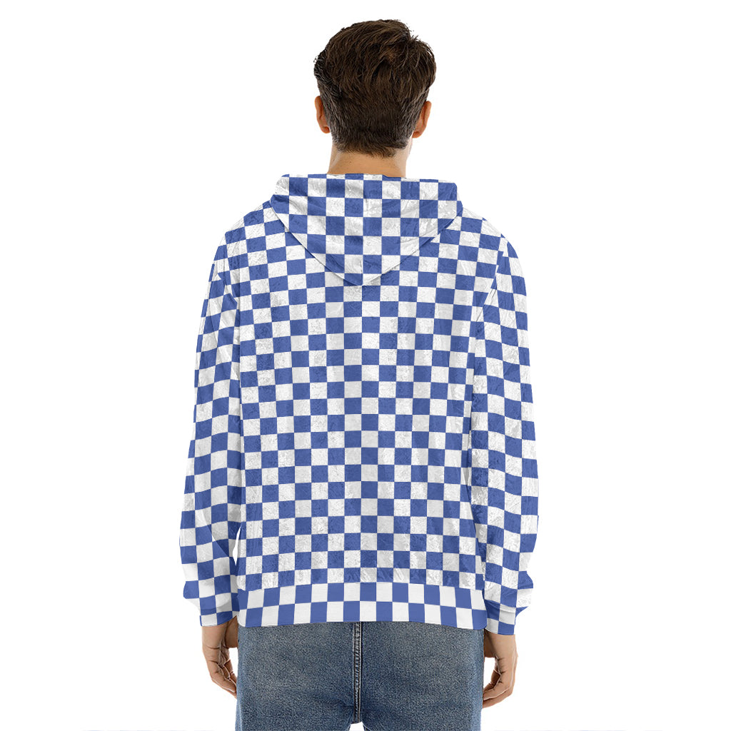 Blue And White Checkered Pattern Print Men's Velvet Pullover Hoodie