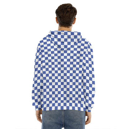 Blue And White Checkered Pattern Print Men's Velvet Pullover Hoodie