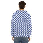Blue And White Checkered Pattern Print Men's Velvet Pullover Hoodie